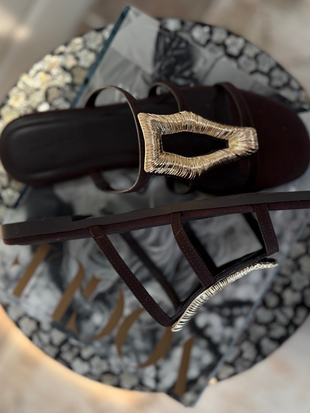 8.5 Women's Sandals with Gold Medallion Accent (Chocolate Brown) Faux Leather